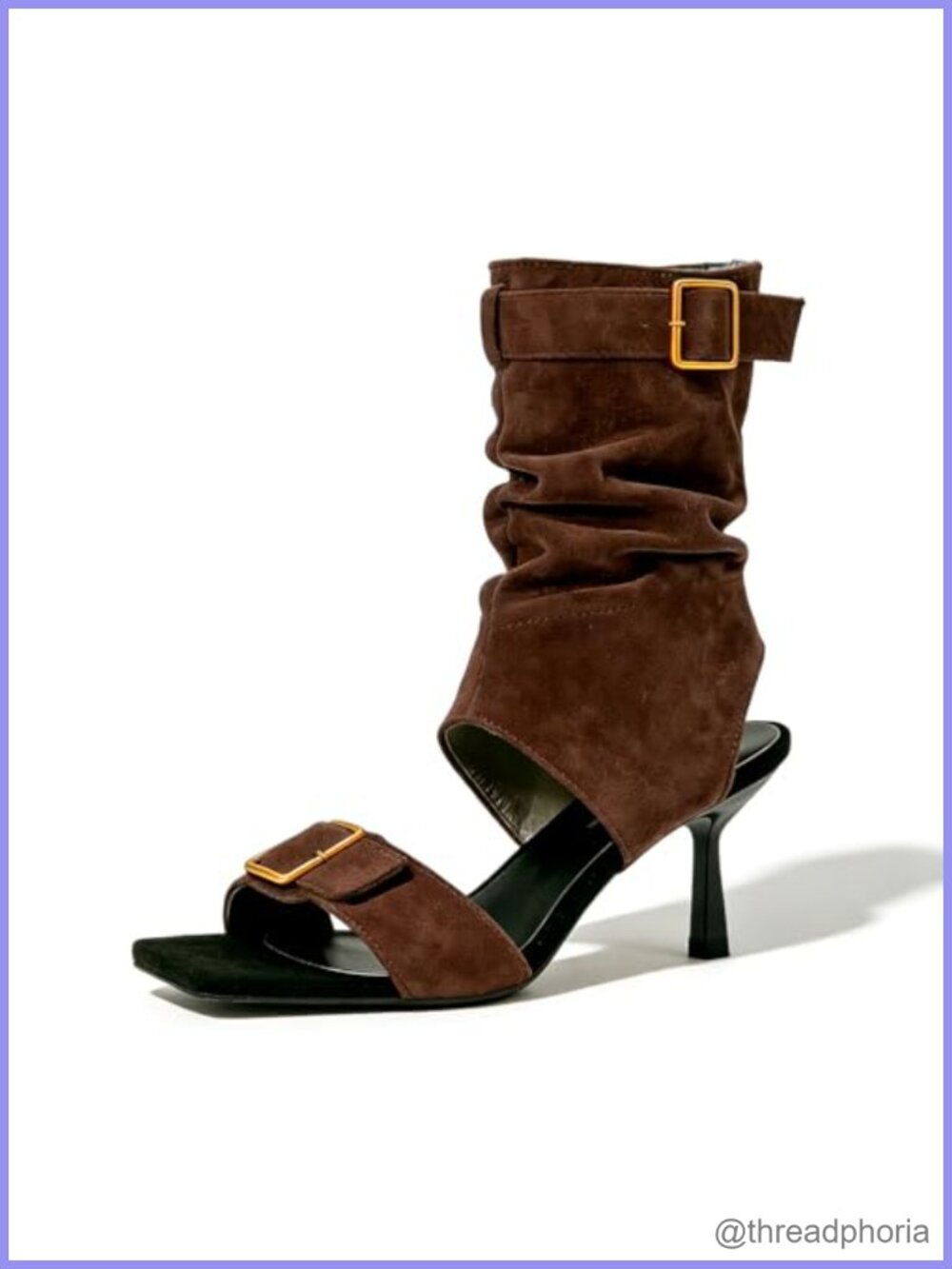 Faux Suede Kitten Heel Sandal Boots Belt Buckle Slingback Square Toe